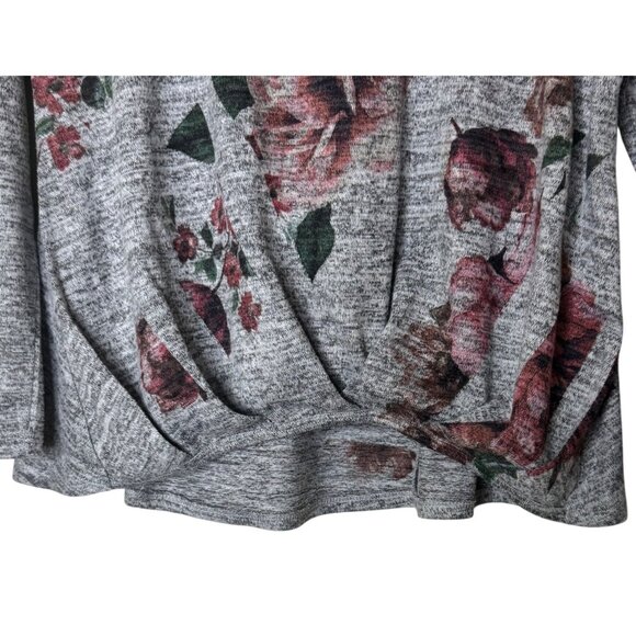 Westport Petite M Top Gray Floral Twist Front Long Sleeve Blouse Casual Stretch - Picture 3 of 5